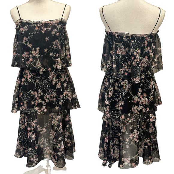 None Dresses & Skirts - VTG 60-70s Black Chiffon Tiered Midi Dress Pink Floral Coquette Fairy Cottage XS